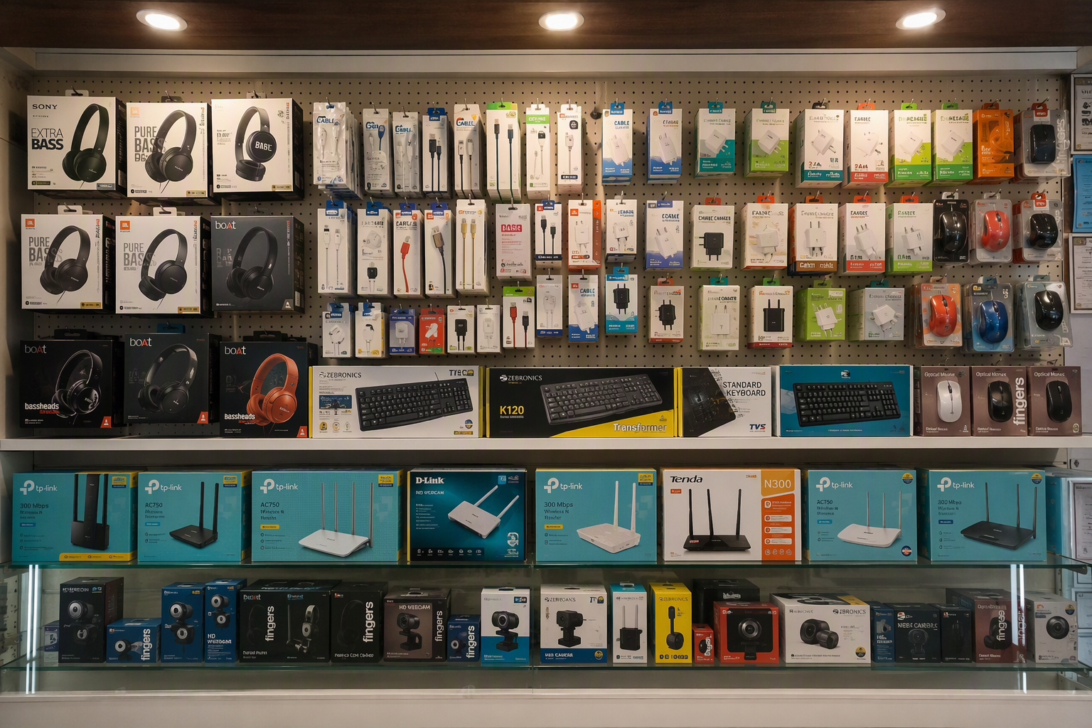 Wall of accessories: headphones, cables, chargers and routers