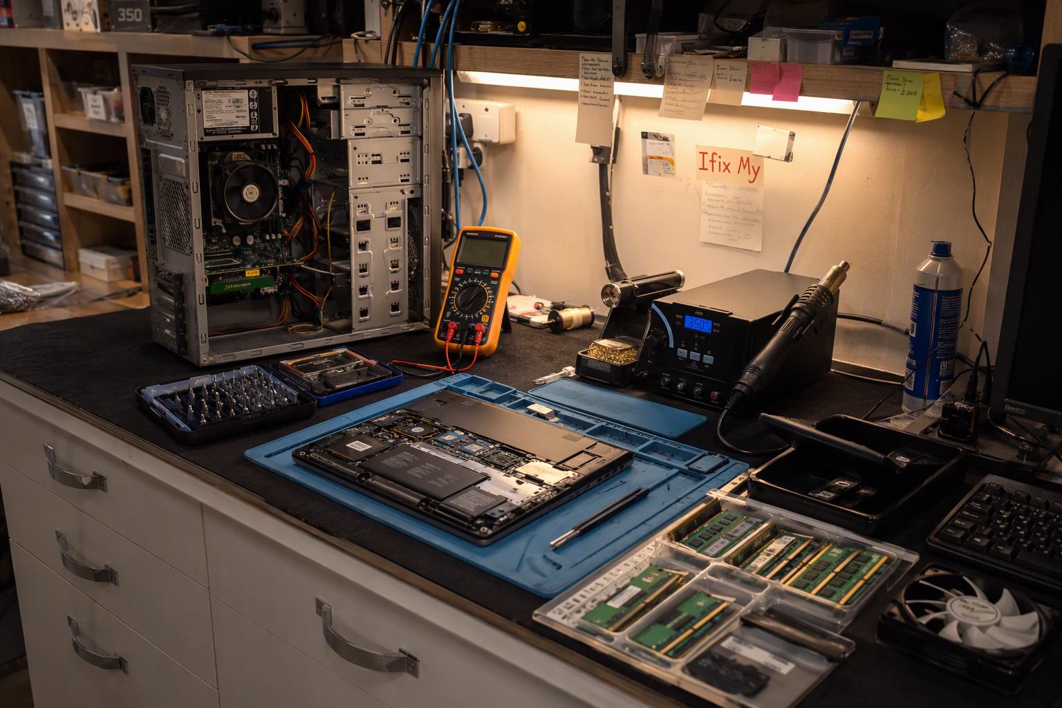 Repair workbench with a desktop PC being serviced